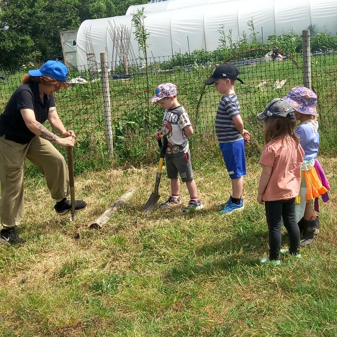 A child digging in a raised vegetable bed